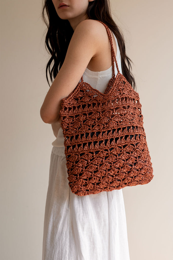 Handmade crochet raffia tote bag in rust color