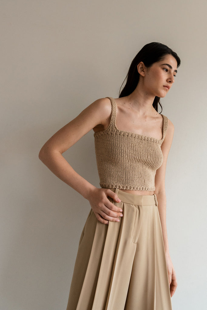 Beige hand knit square neck top