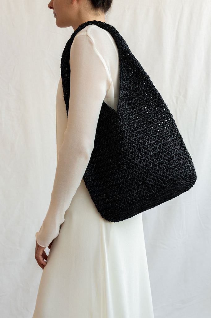 Black crochet raffia hobo bag