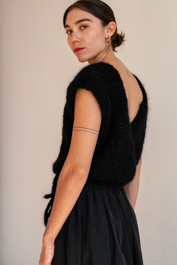 Black open back mohair vest