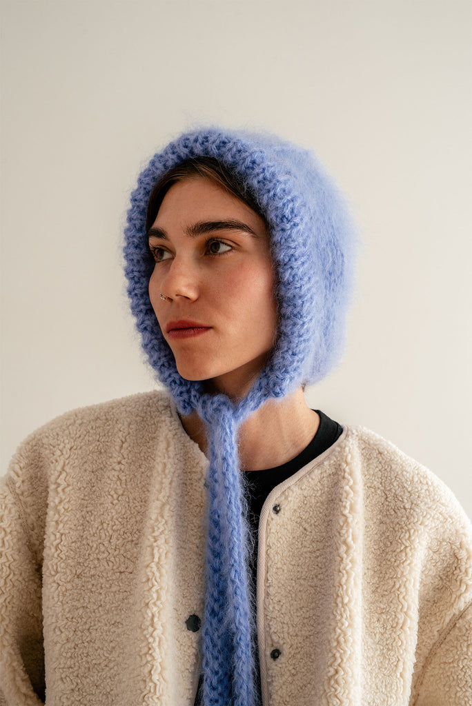 Blue hand knit mohair bonnet
