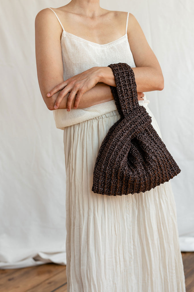 Brown crochet raffia knot bag