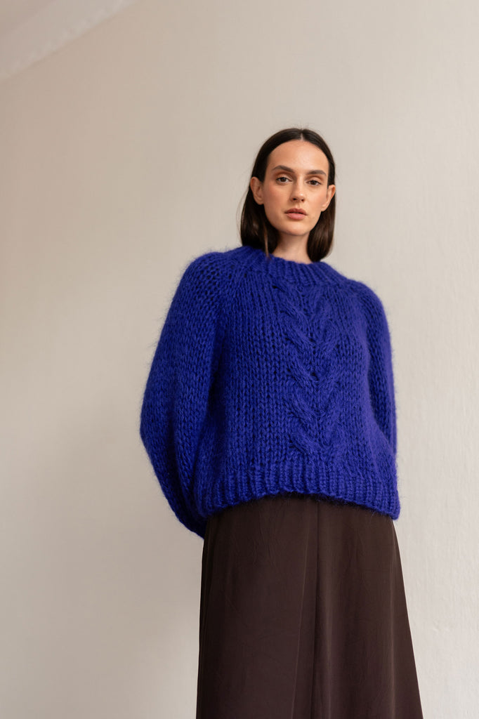 Chunky mohair sweater in lapis blue