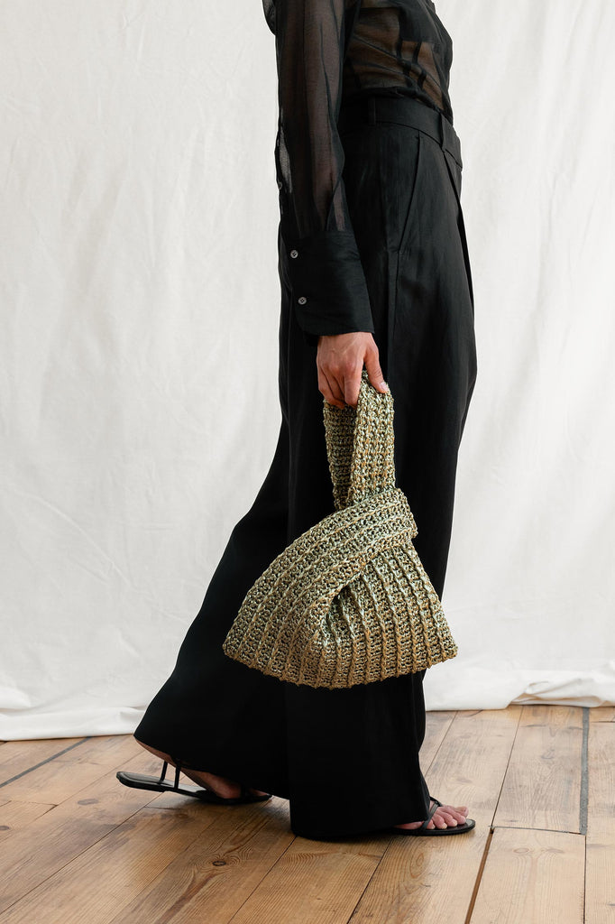 Crochet raffia knot bag in olive green
