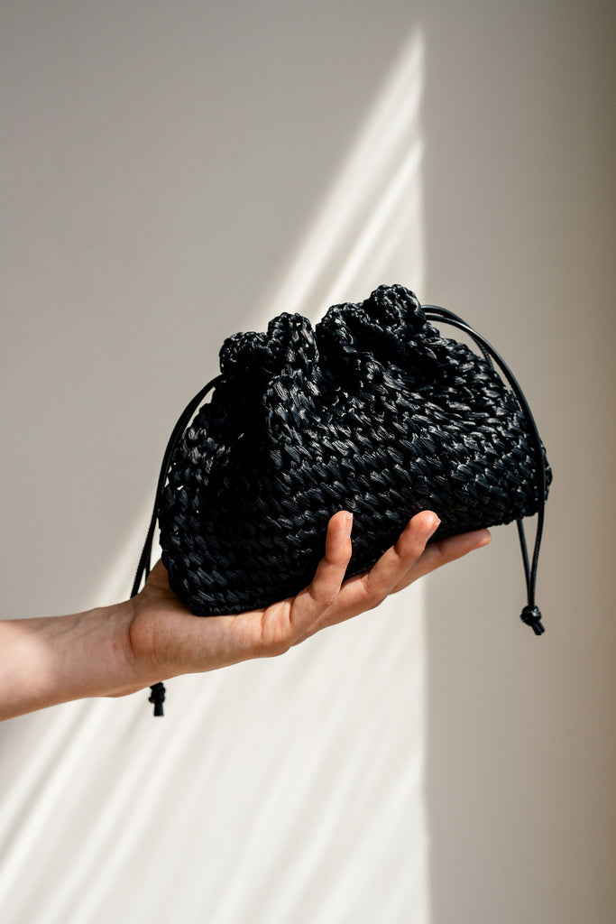 Crochet raffia pouch clutch in black