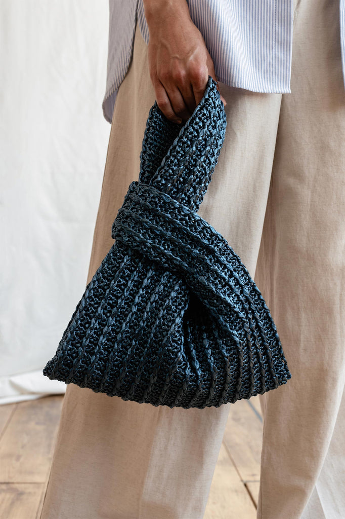 Dark blue crochet raffia knot bag

