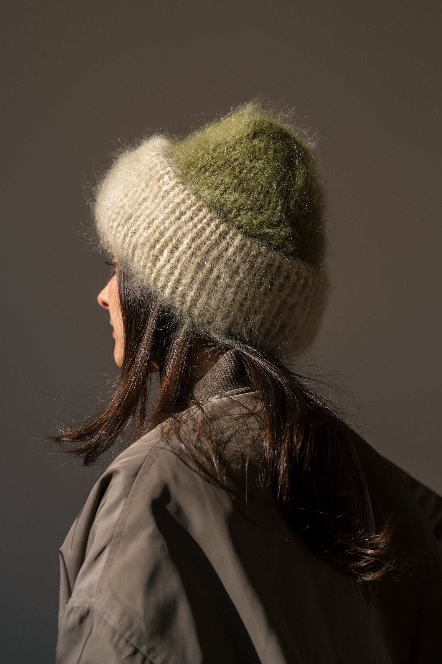 Brushed Mohair Beanie in Wheat x Moss – Plexida Knitwear