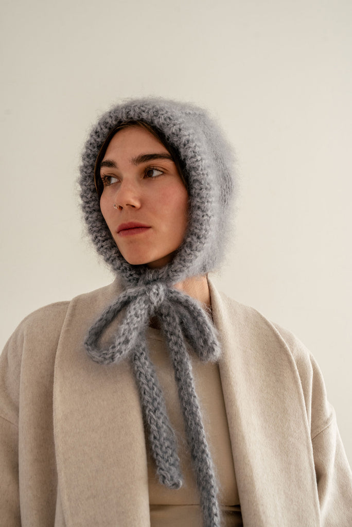 Grey chunky mohair bonnet balaclava