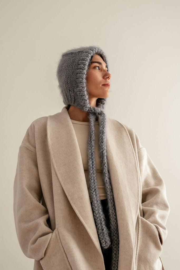 Grey hand knit fluffy bonnet