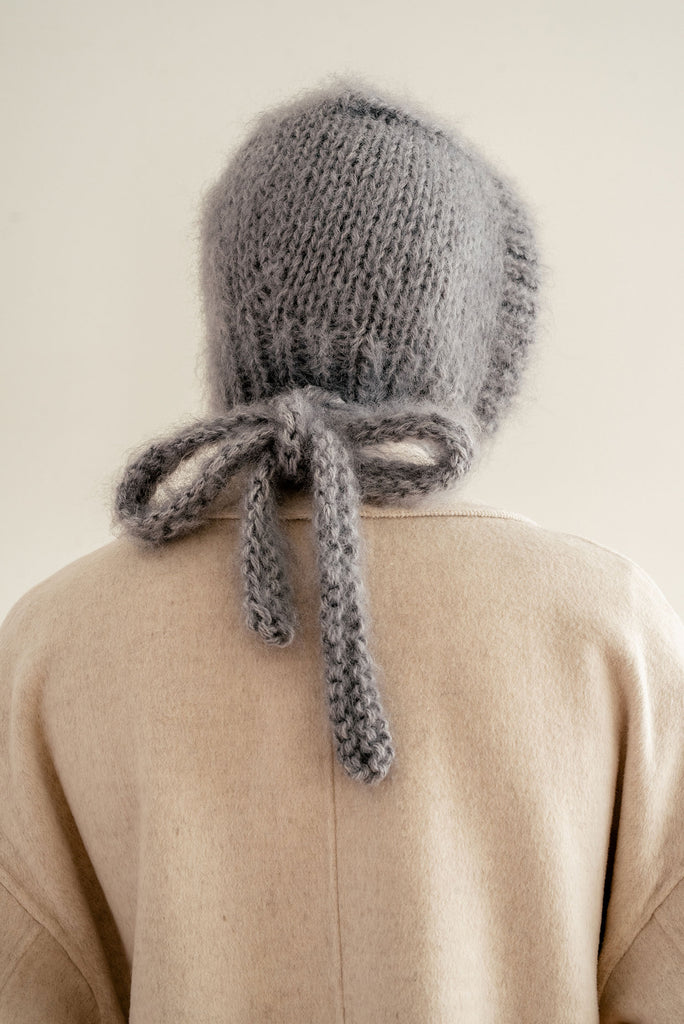Grey knit bonnet hood
