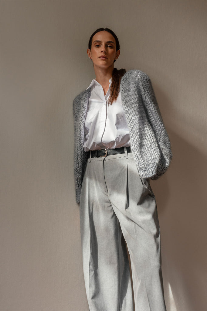 Hand knit airy mohair bomber in light grey