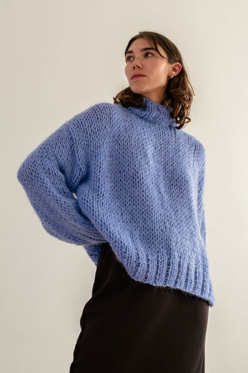 Hand knit blue mohair sweater
