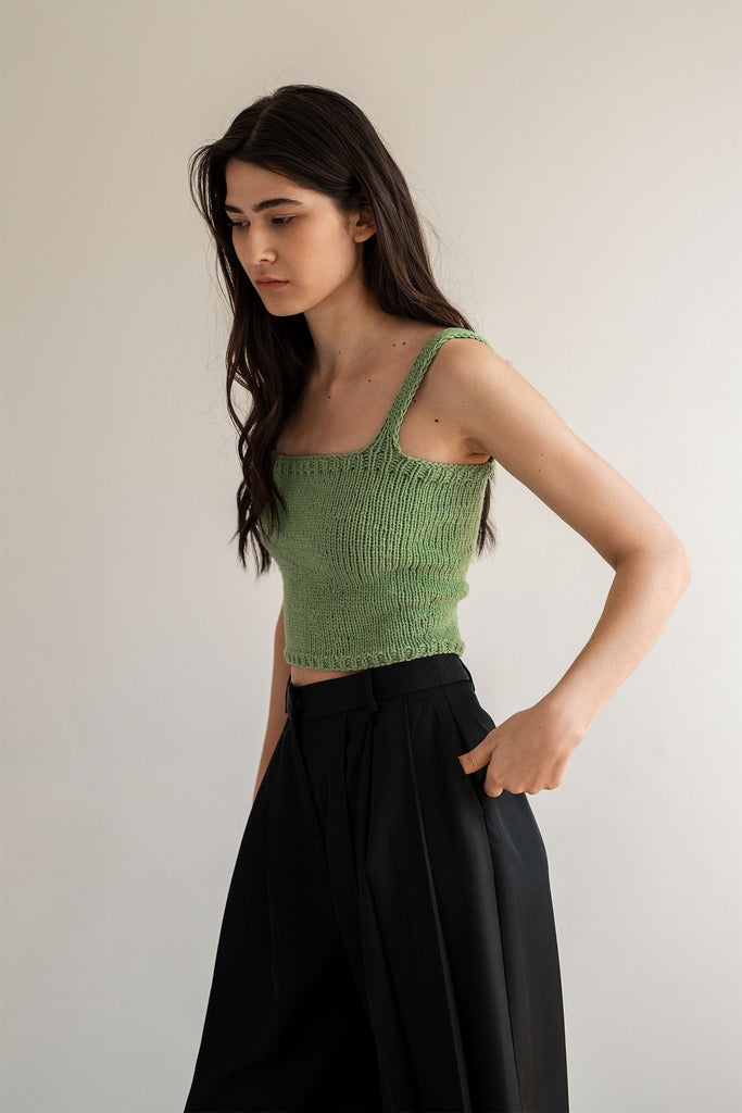 Hand knit cotton top in Olive Green