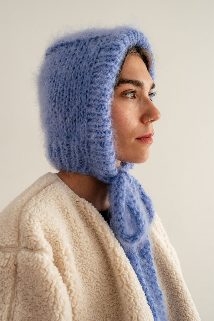 Hand knit light blue mohair bonnet