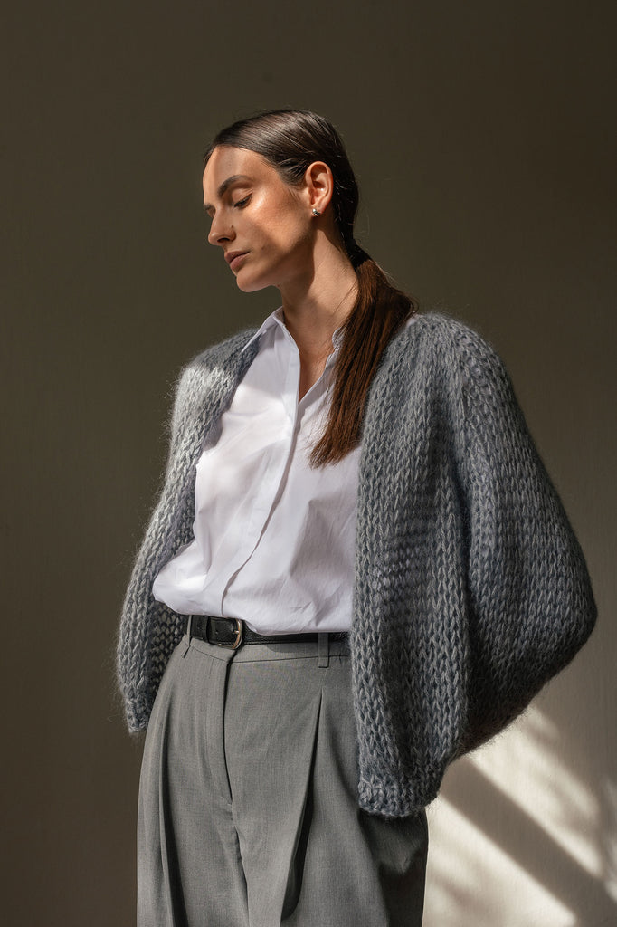 Hand knit mohair bomber cardigan in storm