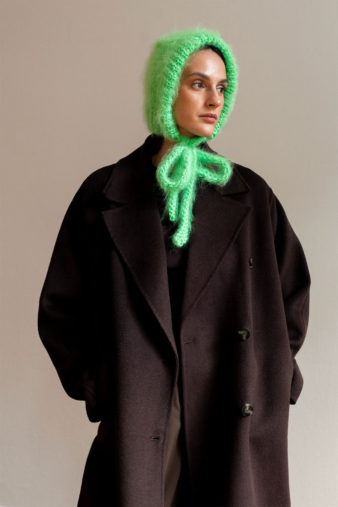 Hand knit mohair bonnet in neon green