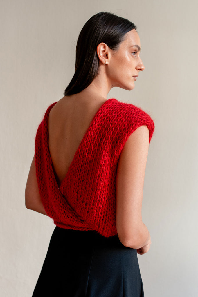 Hand knit red mohair open back top