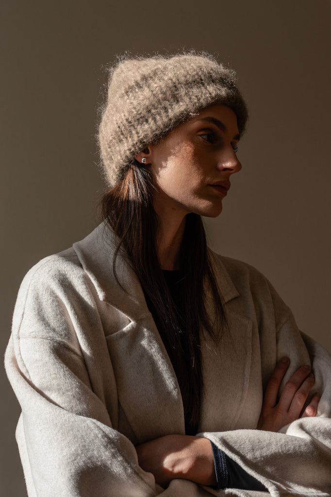 Knit mohair beanie in light brown
