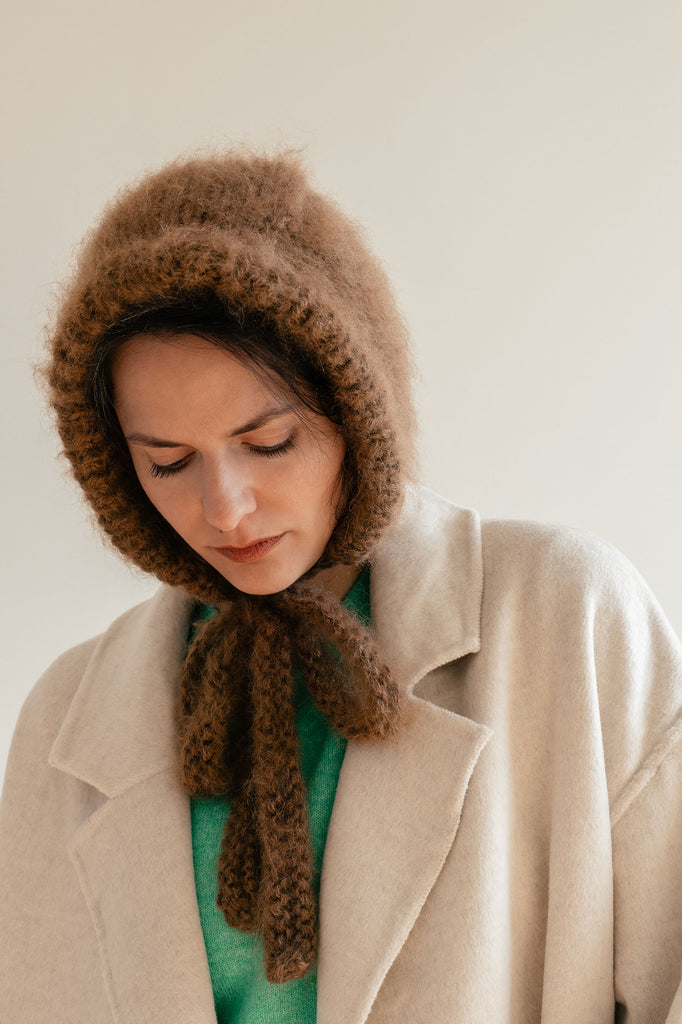Knit mohair bonnet in chocolate brown
