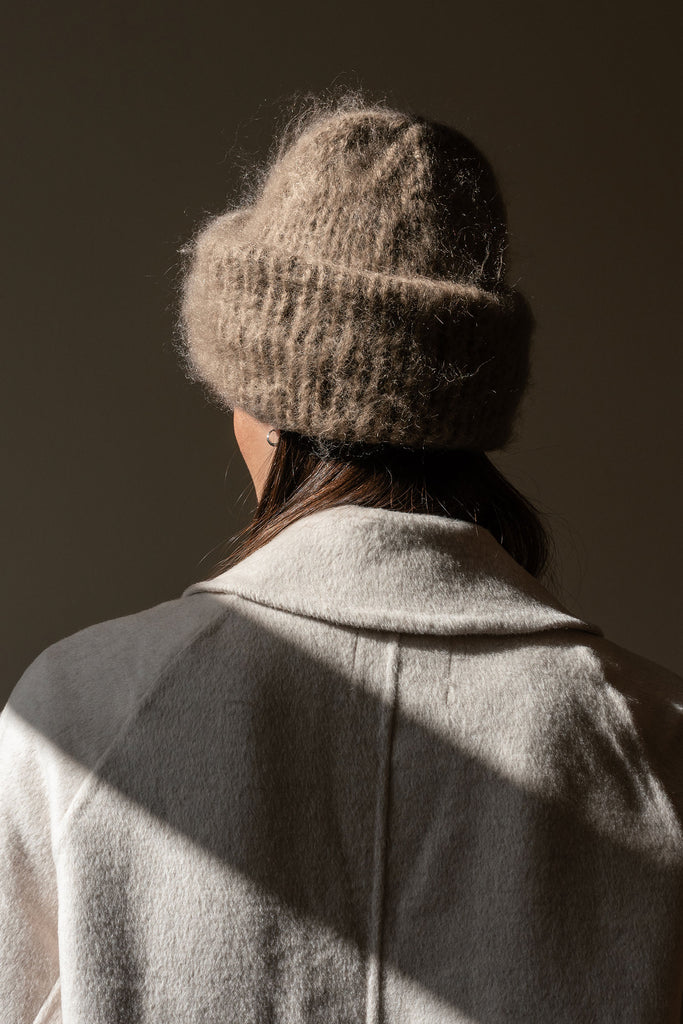 Light brown brushed mohair beanie hat