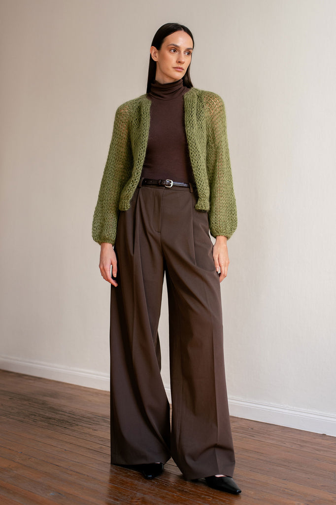 Model with hand knit mohair cardigan in khaki green