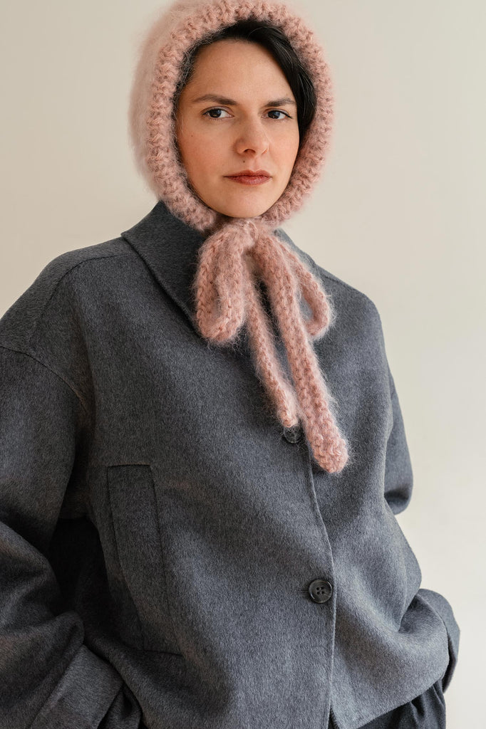 Pink hand knit mohair bonnet for women