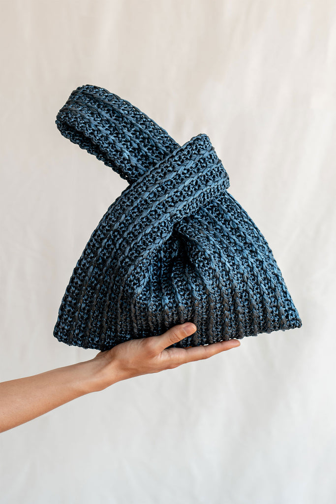 Raffia knot bag in deep cove blue