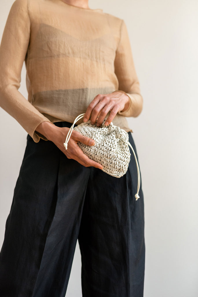 Raffia pouch clutch in off white