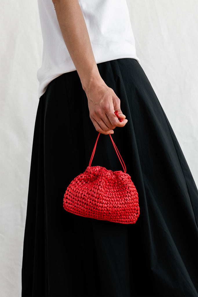 Red crochet raffia pouch bag