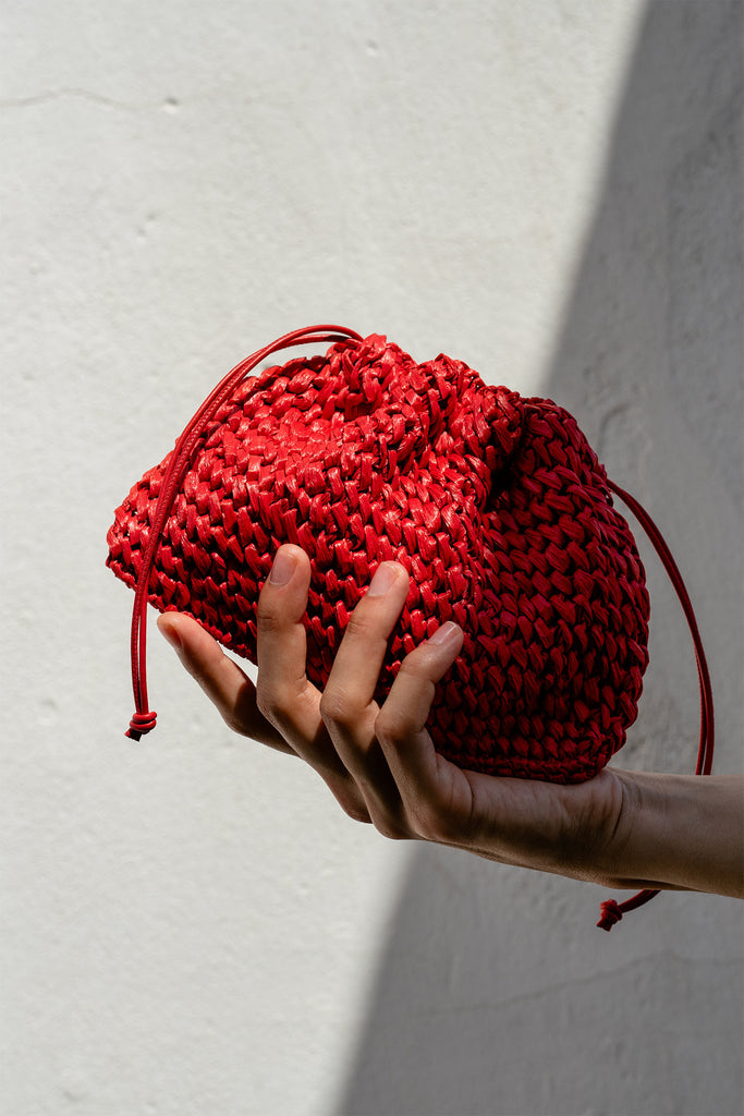 Red crochet raffia pouch