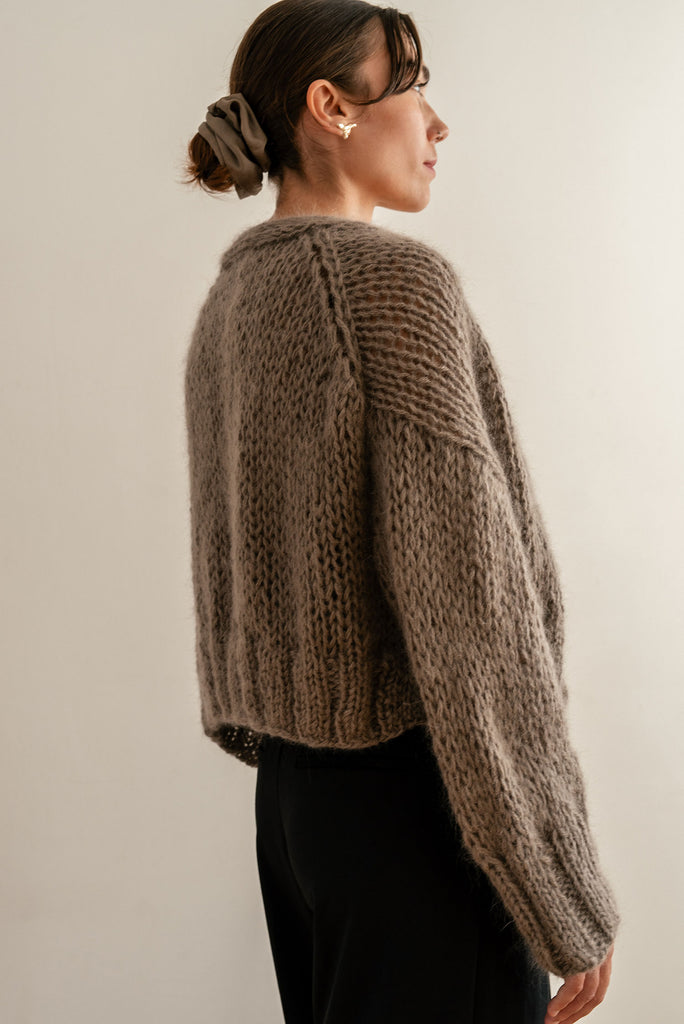 Taupe hand knit mohair cardigan