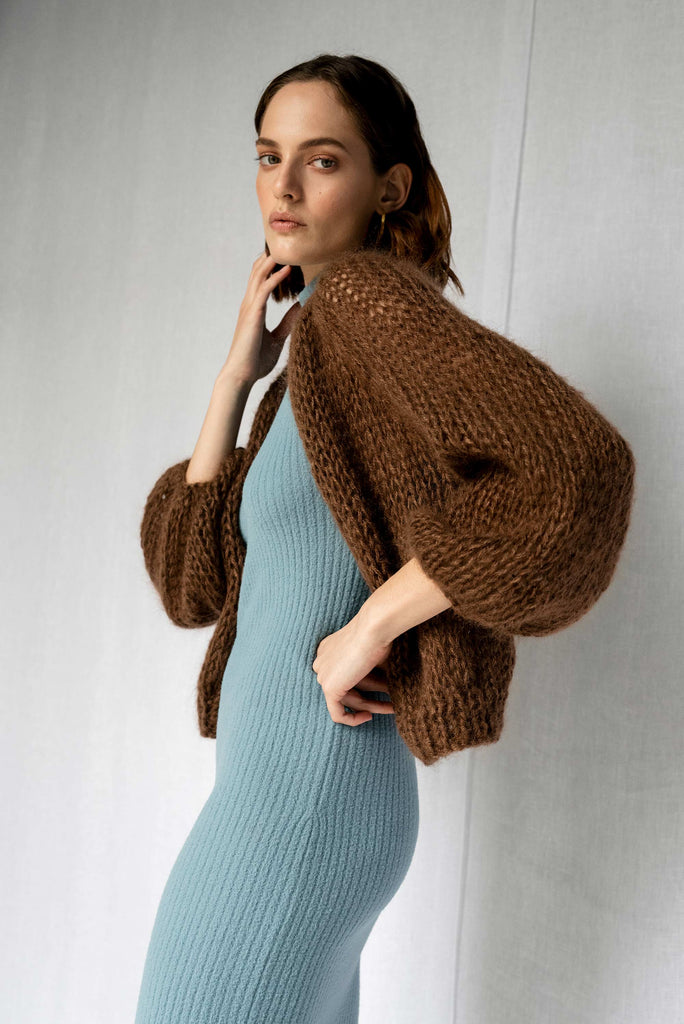 Side view of the Airy Mohair Bomber in Cocoa