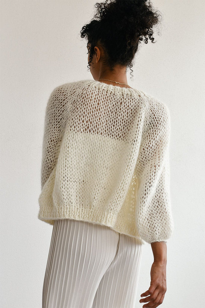 Back view of the airy mohair bomber in cloud off white color