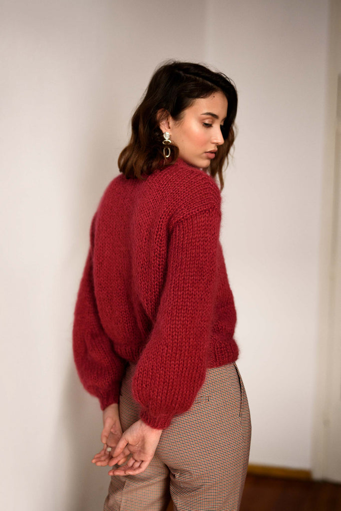 Back of the chunky mohair sweater in berry
