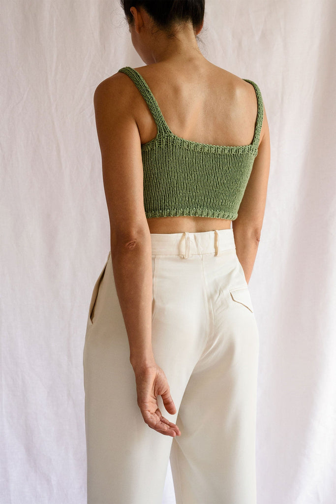 Back of the square neck crop top in olive green