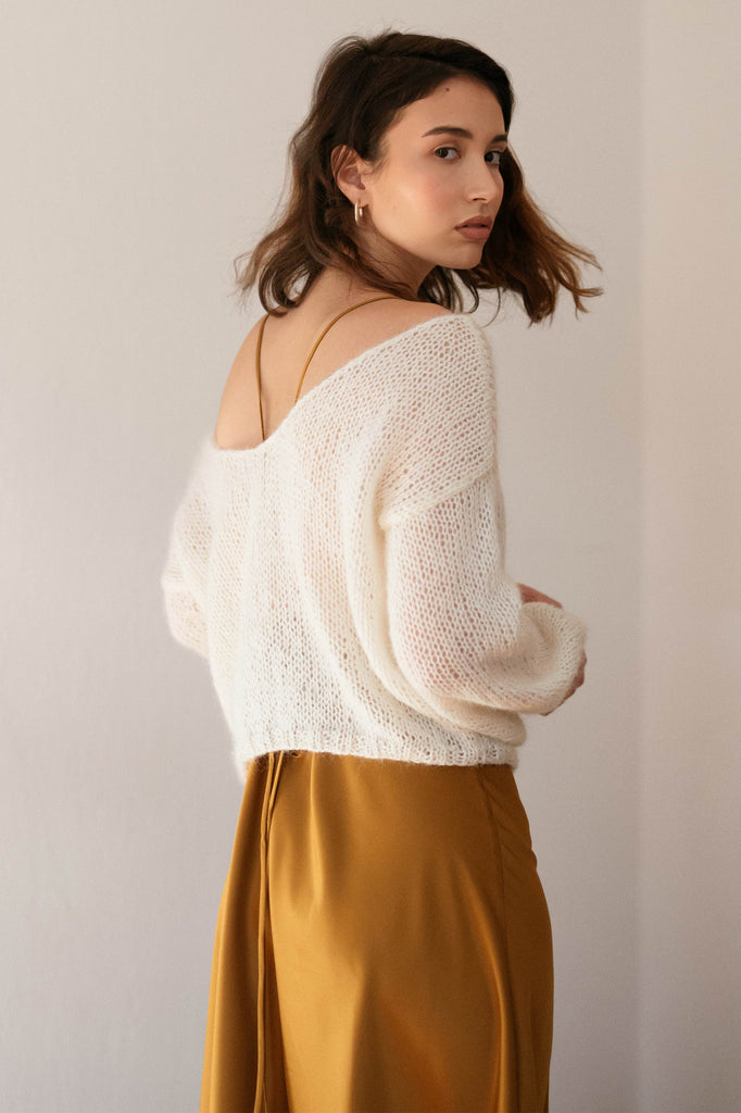 Back of the mohair deep v sweater in cloud