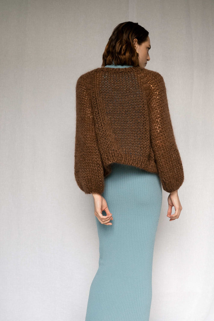 Back view of the Airy Mohair Bomber in Cocoa