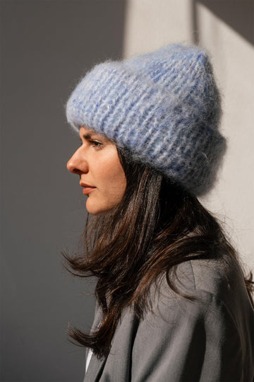 Blue brushed mohair beanie