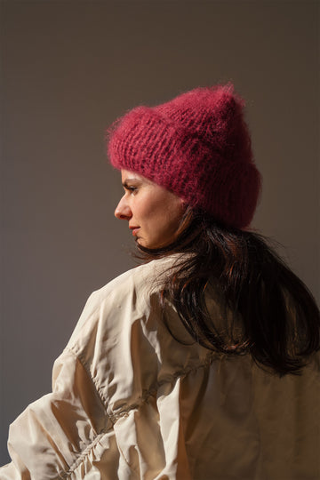 Brushed mohair beanie in magenta pink