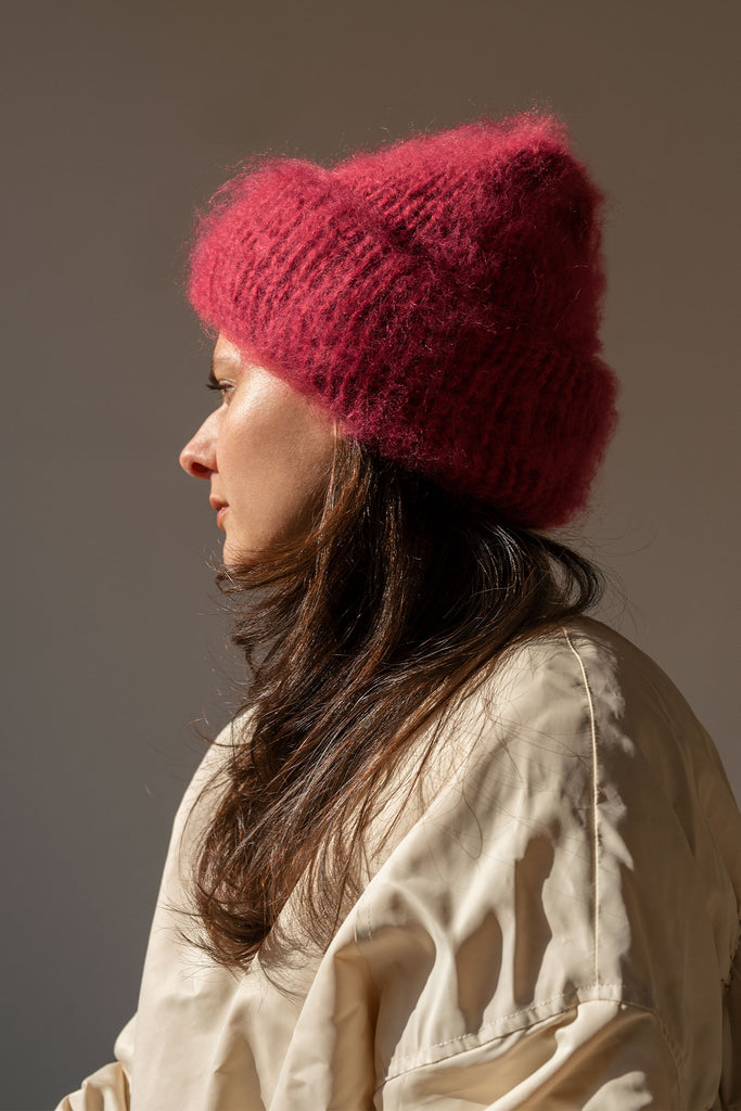 Cerise pink mohair beanie