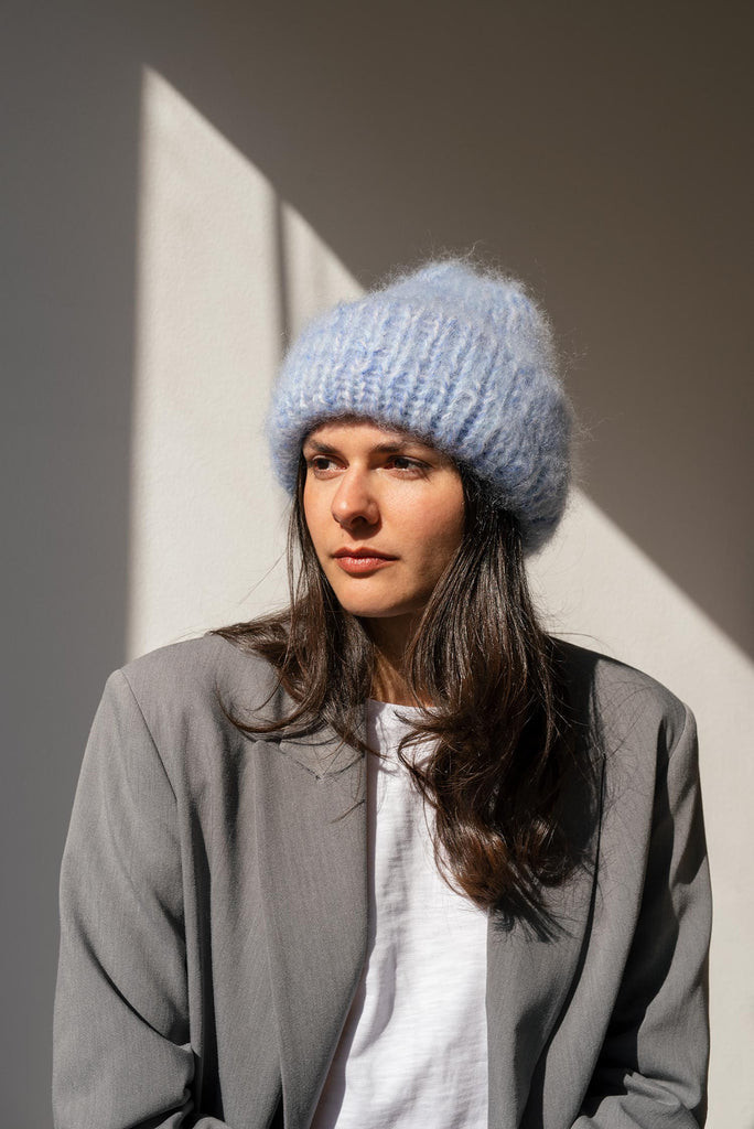 Chunky brushed mohair beanie in sky blue