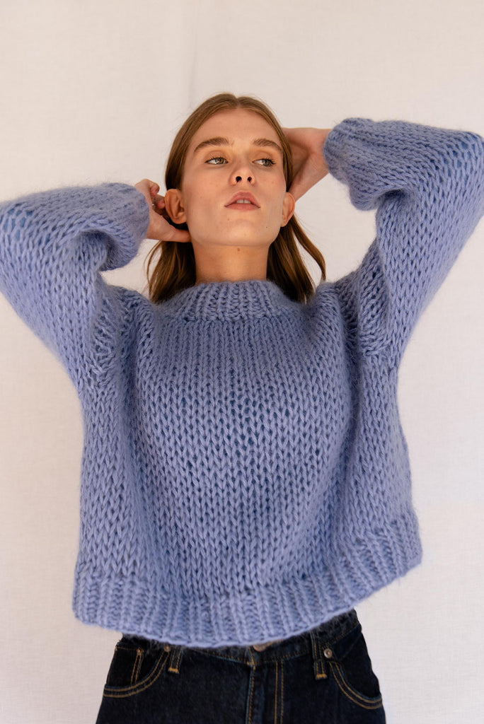 Chunky hand knit sweater in sky blue