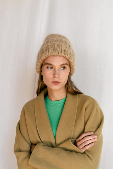Chunky knit mohair beanie in beige color