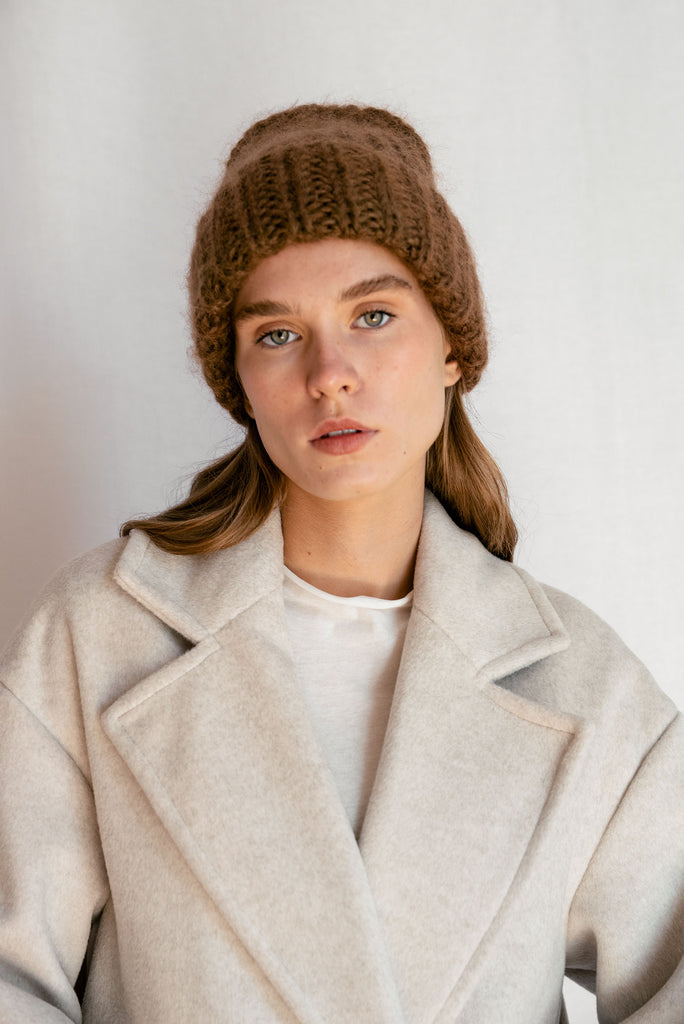 Chunky mohair beanie hat in cocoa