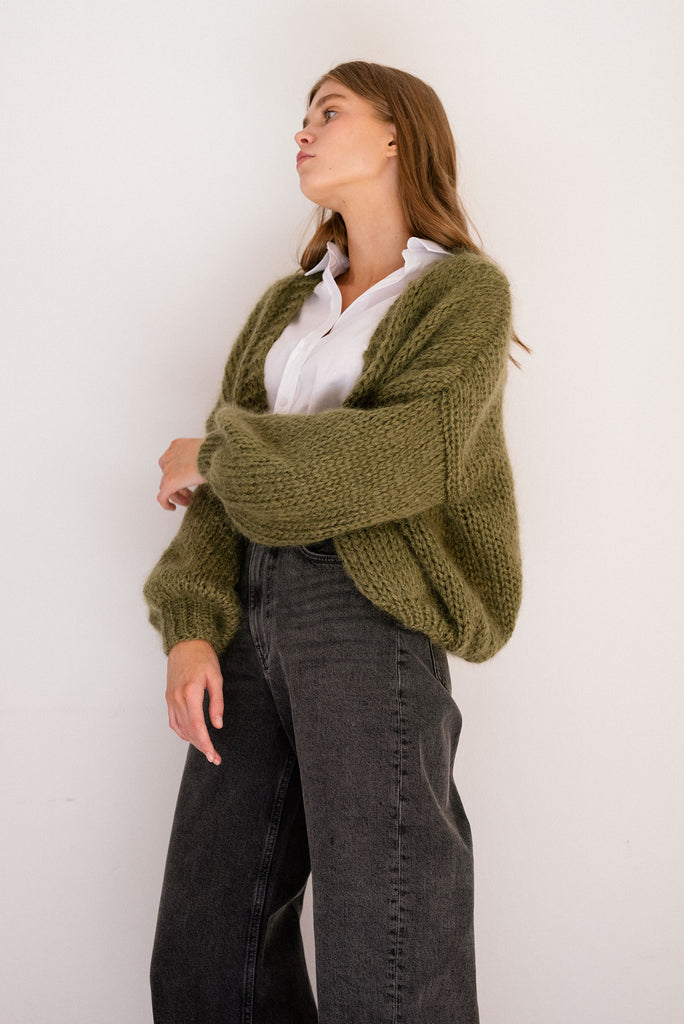 Chunky mohair bomber cardigan in green moss
