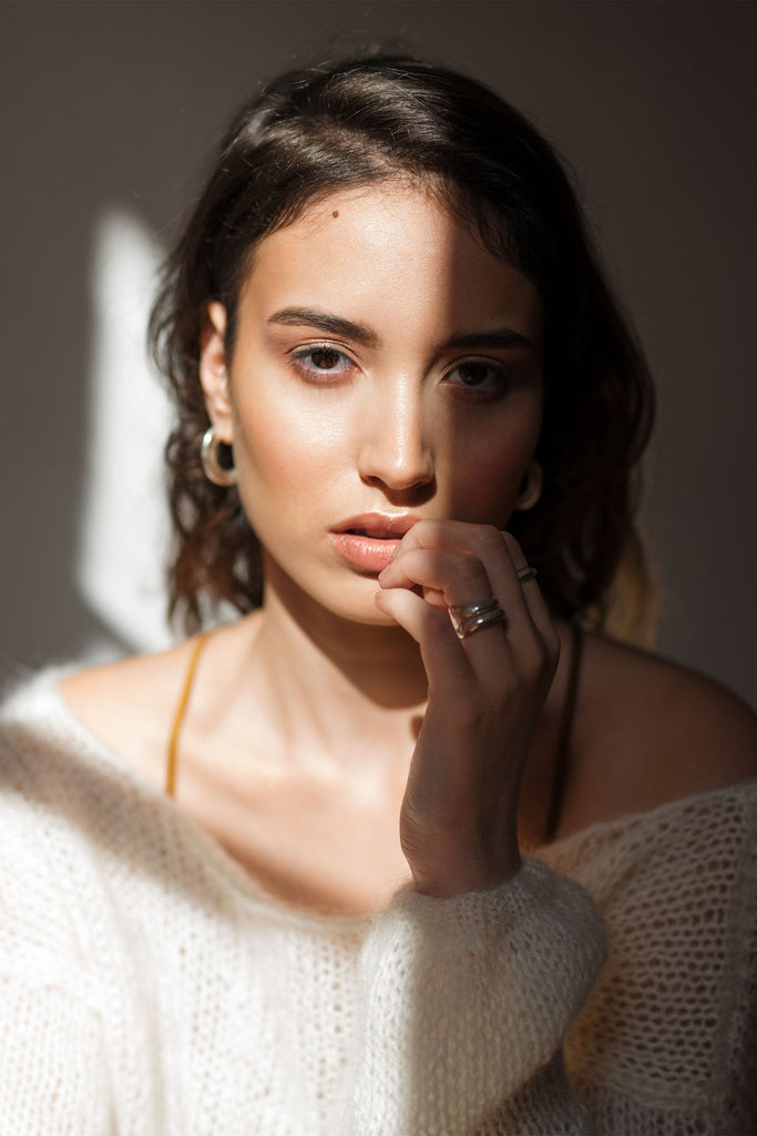 Close up of the mohair deep v sweater in cloud