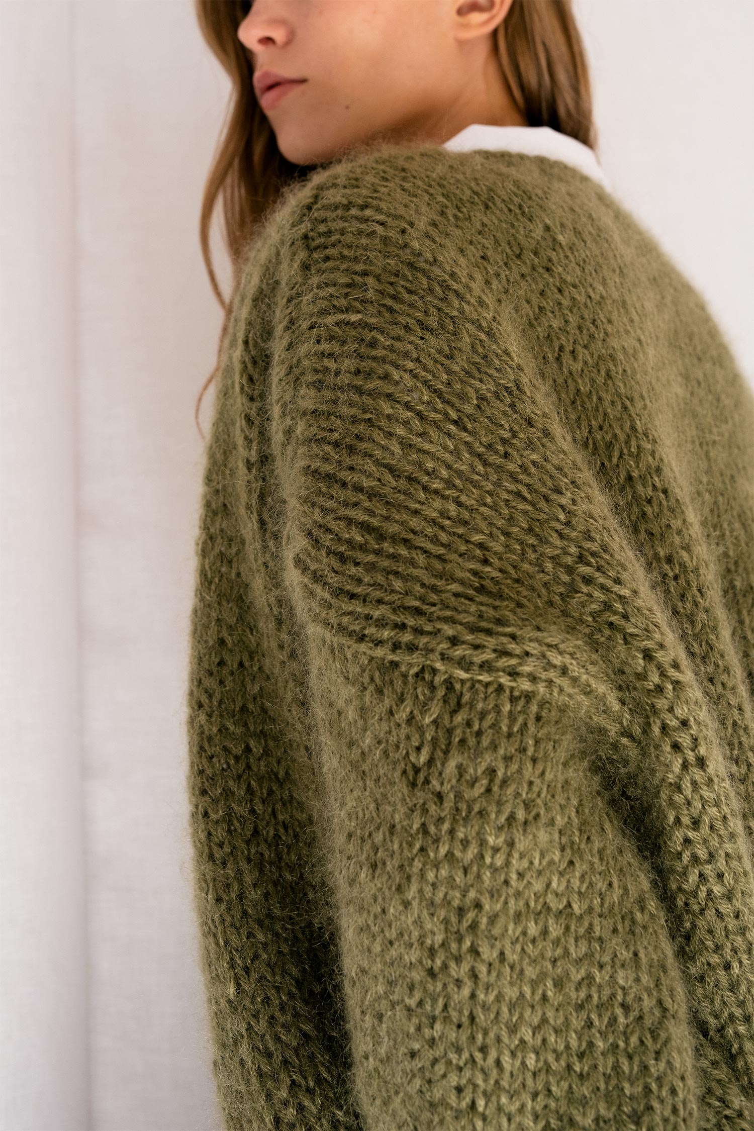 Mohair Bomber Cardigan in Moss – Plexida Knitwear