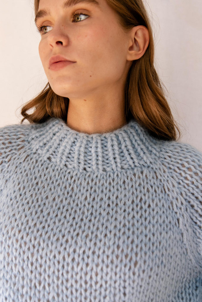 Detail of the relaxed mohair sweater in ice water