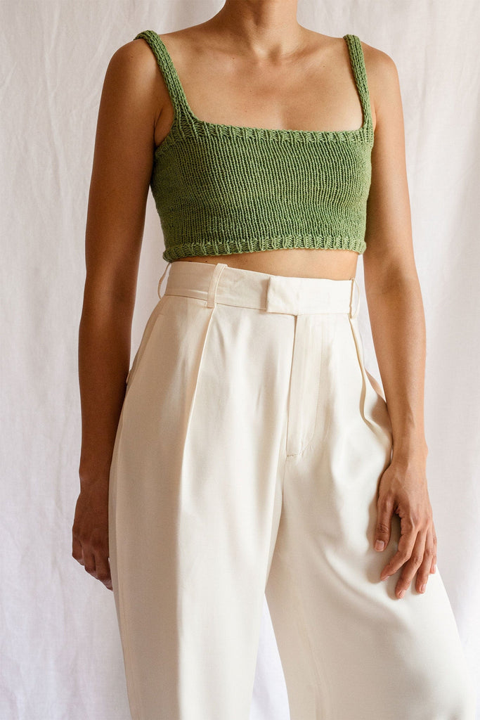 Front of the square neck crop top in olive green