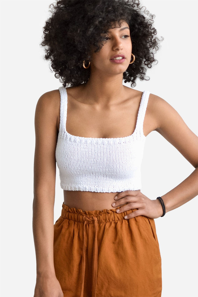 Front of the square neck crop top in bright white color